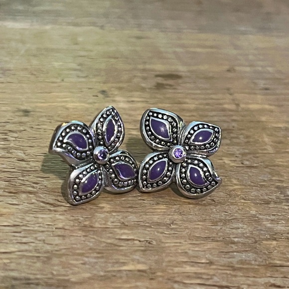 Stainless steel, enamel and amethyst flower earrings - Picture 1 of 2